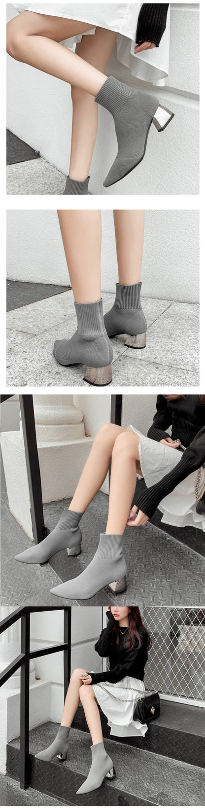 Eilyken Fashion Knitted Stretch Fabric Sewing Women Ankle Boots Square Heels Winter Pointed Toe Ladies Sock Booties