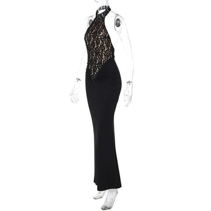Mozision Lace Halter Backless Sexy Maxi Dress For Women Black Off-shoulder Strap
