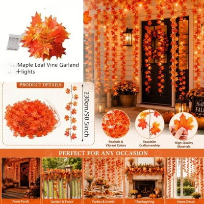 Autumn Faux Maple Leaf Vine Garland with Lights LED Thickened Maple Vine And Durable, Reusable Suitable Thanksgiving, Halloween