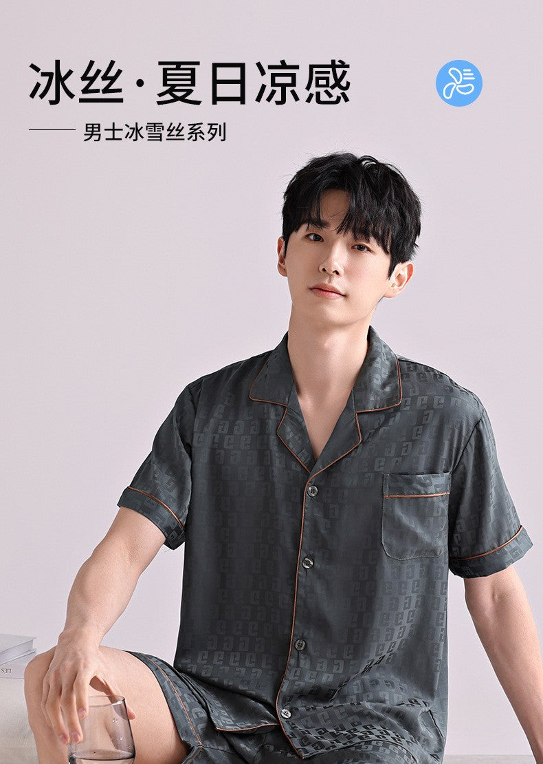 Ice Silk Pajamas Men's Spring and Summer Light and Breathable Simulation Silk Satin Short-sleeved Shorts Youth Simple Loungewear