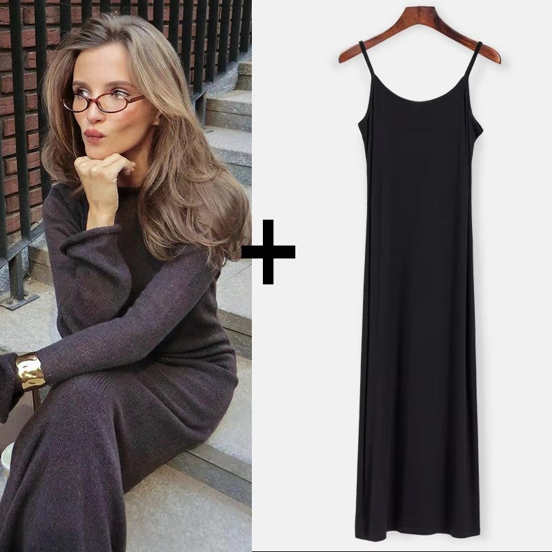Hirsionsan Spring Autumn O-Neck Elastic Knit Long Dresses Women 2024 Elegant Chi