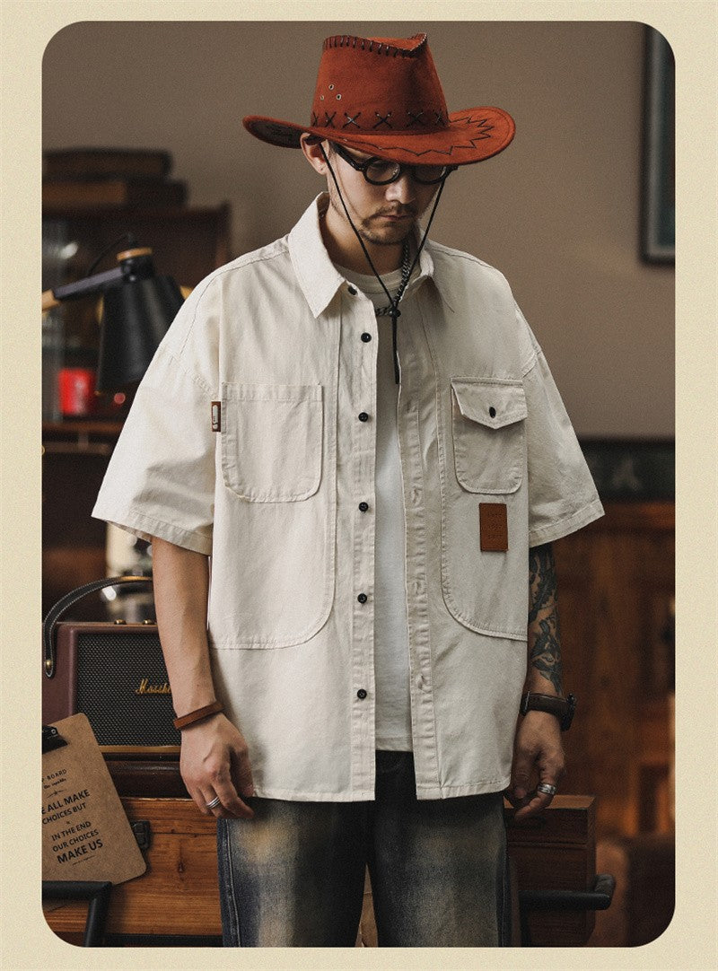 2025 Summer Men's Multi-pocket Oversized Short Sleeve Shirts High Street Fashion Cargo T-shirt New American Casual Y2K Shirt