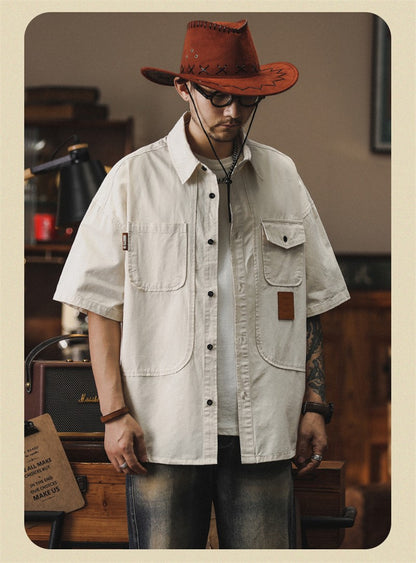 2025 Summer Men's Multi-pocket Oversized Short Sleeve Shirts High Street Fashion Cargo T-shirt New American Casual Y2K Shirt