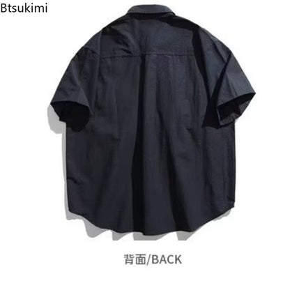 Men's Japanese Style Cargo Shirts Vintage Laple Short Sleeve Shirts 2025 Spring Summer Loose Casual Shirt Jacket Male Streetwear