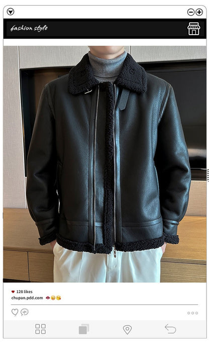 Autumn and winter warm thick leather jacket for men's trendy slim fit lapel motorcycle suit men's leather jacket
