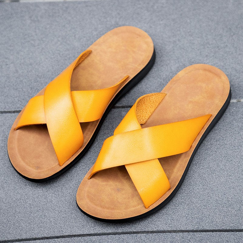 New Arrivals Italian Leather Slippers for Men Summer Hotel Beach High Quality Slip on Light Flats Male Flip Flops Big Size 38-47