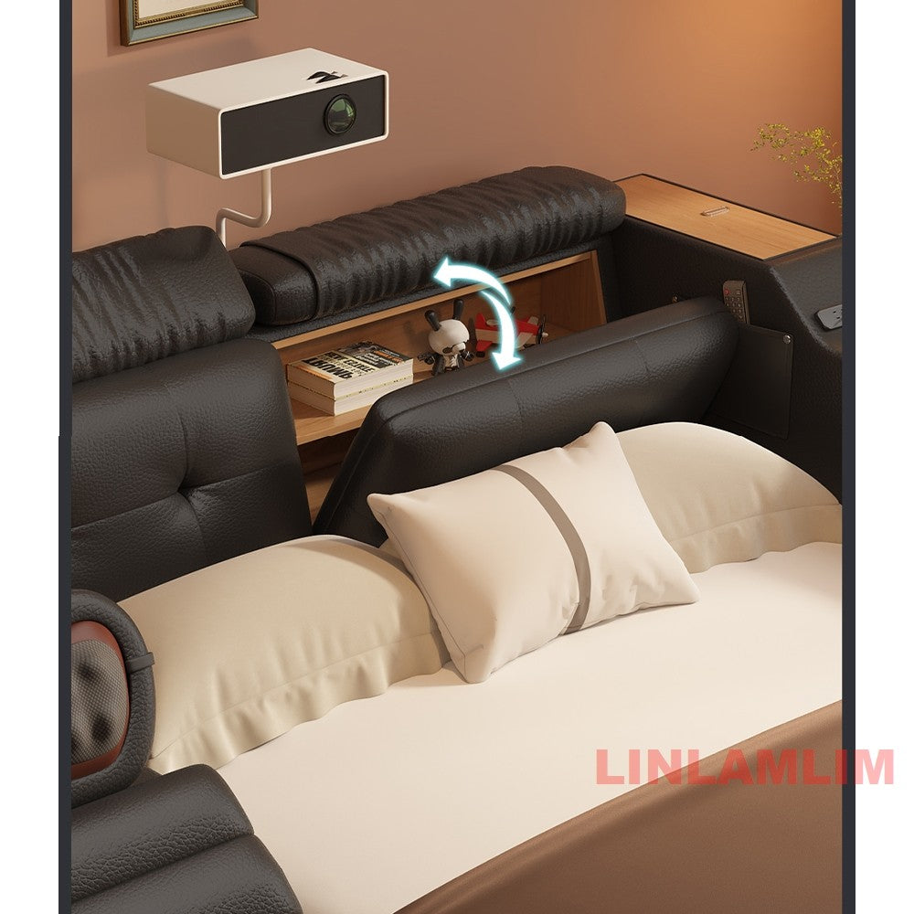 Luxury Tech Smart Multifunctional Bed with Massage Chair, Bluetooth Speakers, Projector, USB – Modern Upholstered King Size Bed