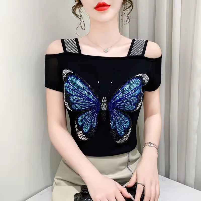 Summer New Fashion Cartoon T-shirt Chic Hollow Out Hot Diamonds Tees Sexy Off Shoulder Short Sleeve Women's Tops Blouse