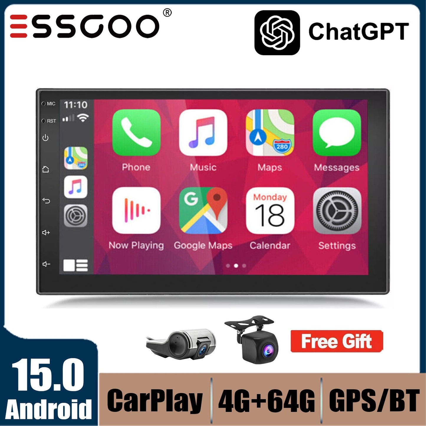 Rádio Estéreo Automotivo de 7/9/10 Polegadas Duplo 2 Din 4+64G Android 15 ChatGpt AI WIFI GPS Navegação FM/RDS Bluetooth SWC Unidade Principal+DVR&AHD