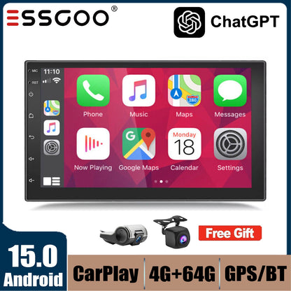 Rádio Estéreo Automotivo de 7/9/10 Polegadas Duplo 2 Din 4+64G Android 15 ChatGpt AI WIFI GPS Navegação FM/RDS Bluetooth SWC Unidade Principal+DVR&AHD