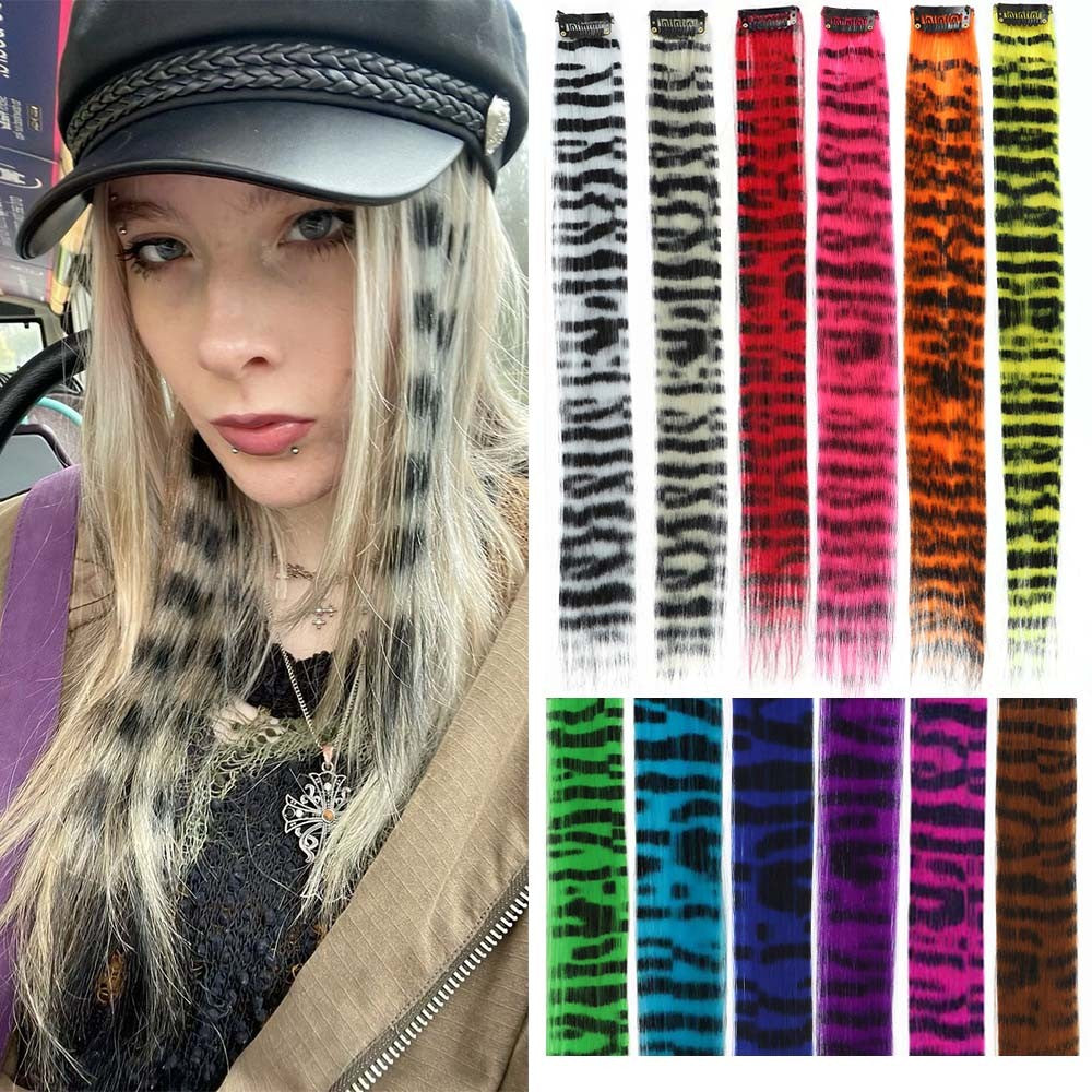 Extensões de Cabelo de Pena Coloridas 8 Peças 45cm Estampa de Listras de Animais Presilha de Cabelo Sintético Arco-Íris para Cosplay, Festas, Festivais