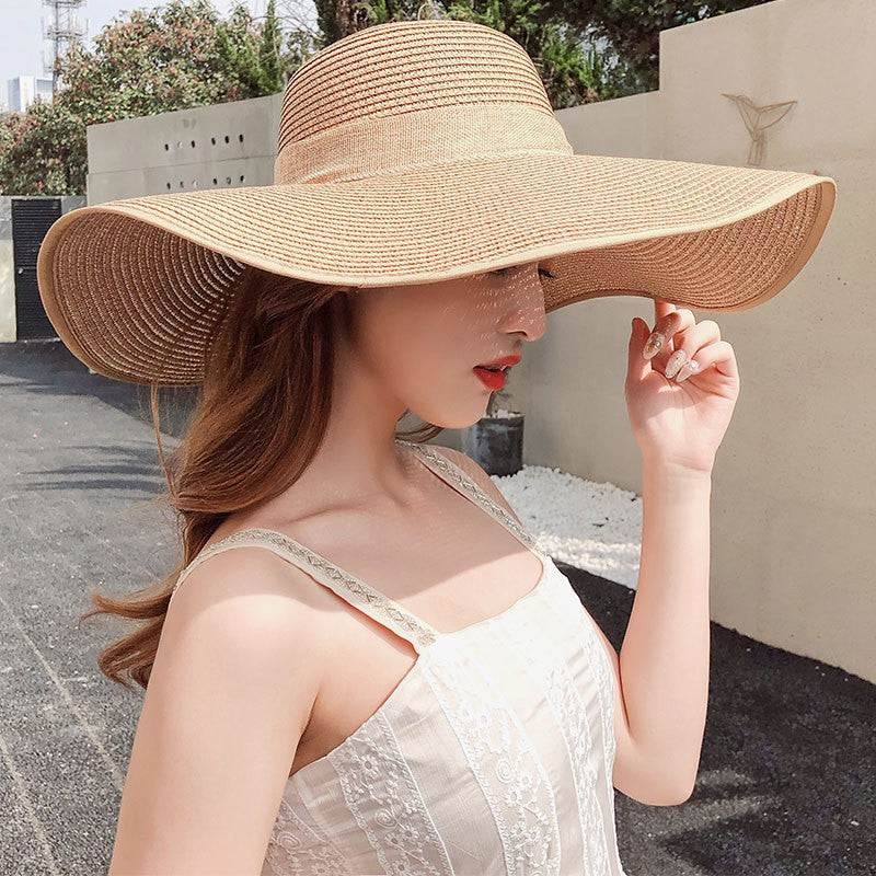 Chapéu de sol de palha feminino, estilo coreano, aba grande, à prova de sol, chapéu de férias dobrável, para praia e ar livre.  ????  ??