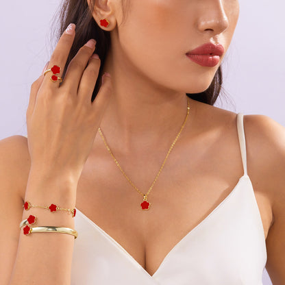 Conjunto 5 peças Pulseiras Femininas Coloridas de Esmalte com Flor de Ameixa Colar Brincos Flor de Cinco Folhas da Sorte Joias Elegantes para Festas Presentes