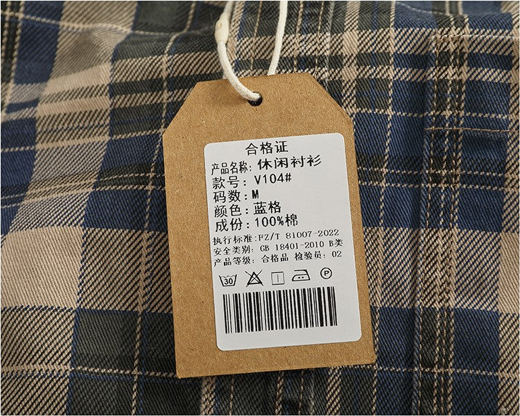 2024 Spring and Autumn New American Retro Woven Plaid Cargo Shirt Men's Simple 100% Cotton Washed Single Pocket Thin Jacket