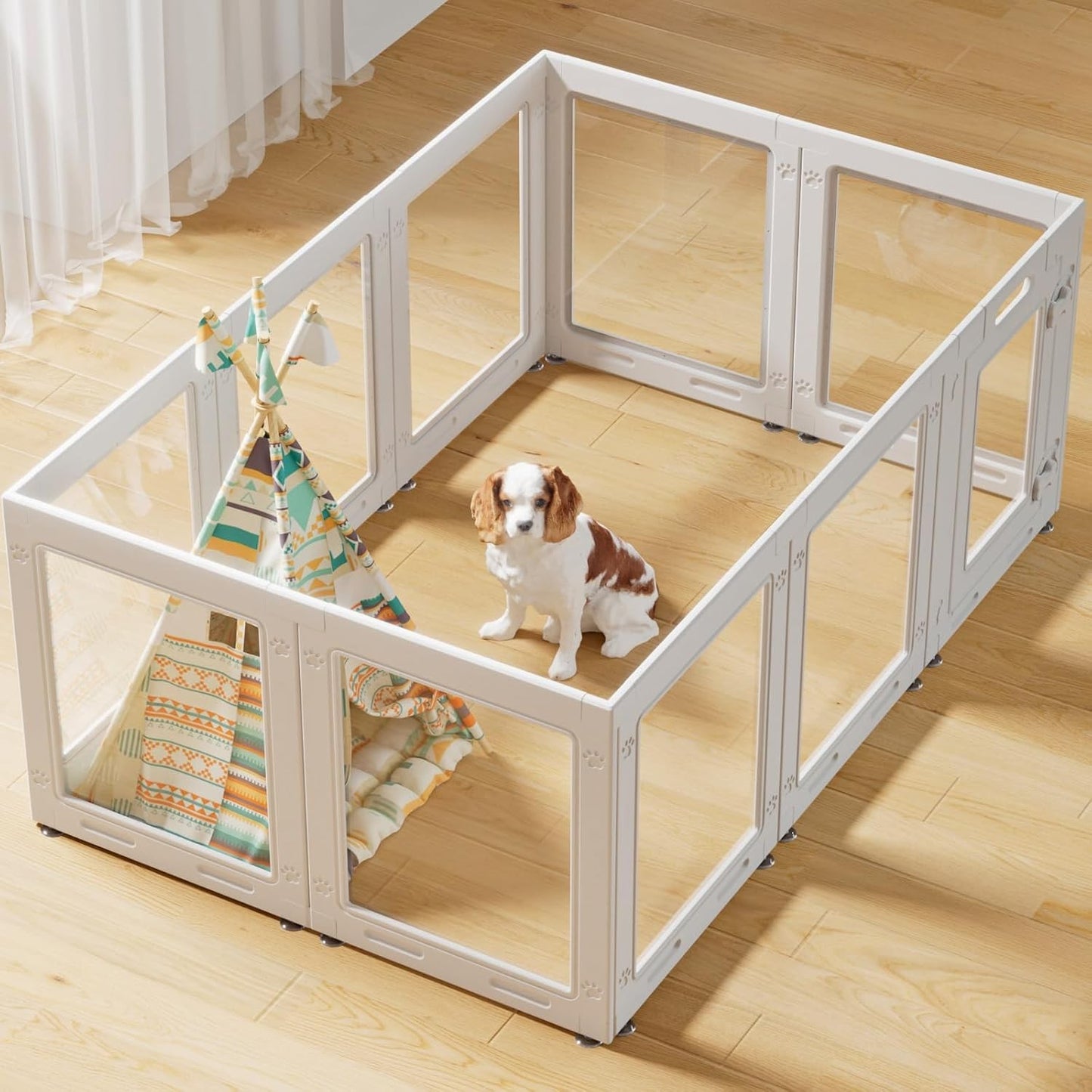 Cercadinho Transparente Acrílico para Filhotes 60cm com Porta, Cerca Interna para Pequenos Cães de 10 Painéis, Fácil de Montar (Branco)