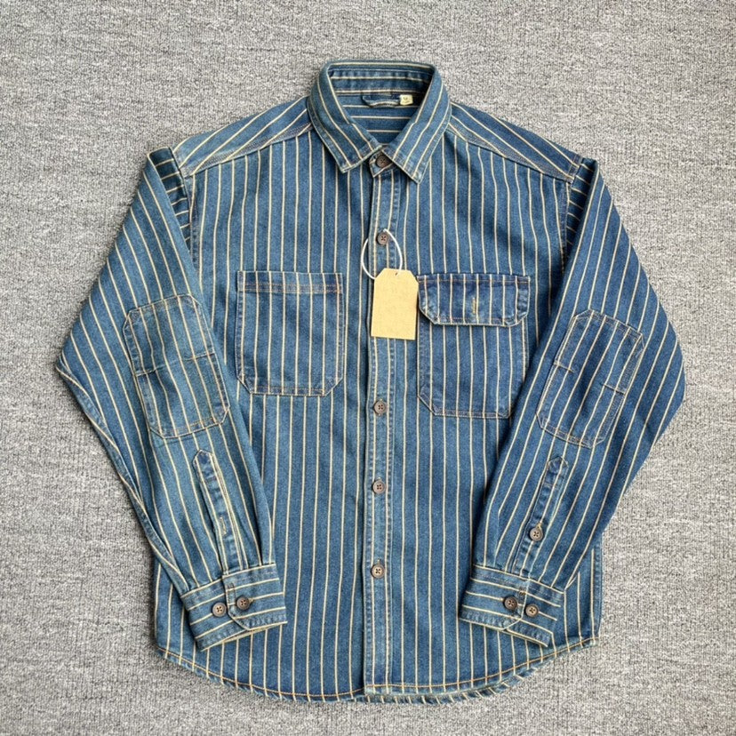Spring New American Retro Heavyweight Denim Cargo Striped Shirt Men's Simple 100% Cotton Washed Old Casual Blouses Thin Jacket