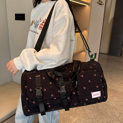 Large Capacity Travel Duffel Bag with Strawberry Pattern, Wet/Dry Separation, Independent Shoe Compartment & Multiple Pockets