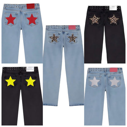 Spanish Fashion ONE DILEMMA Five-pointed Star Pattern Rivet Decorative Black Jeans Women's Autumn Multiple Light Blue Jeans