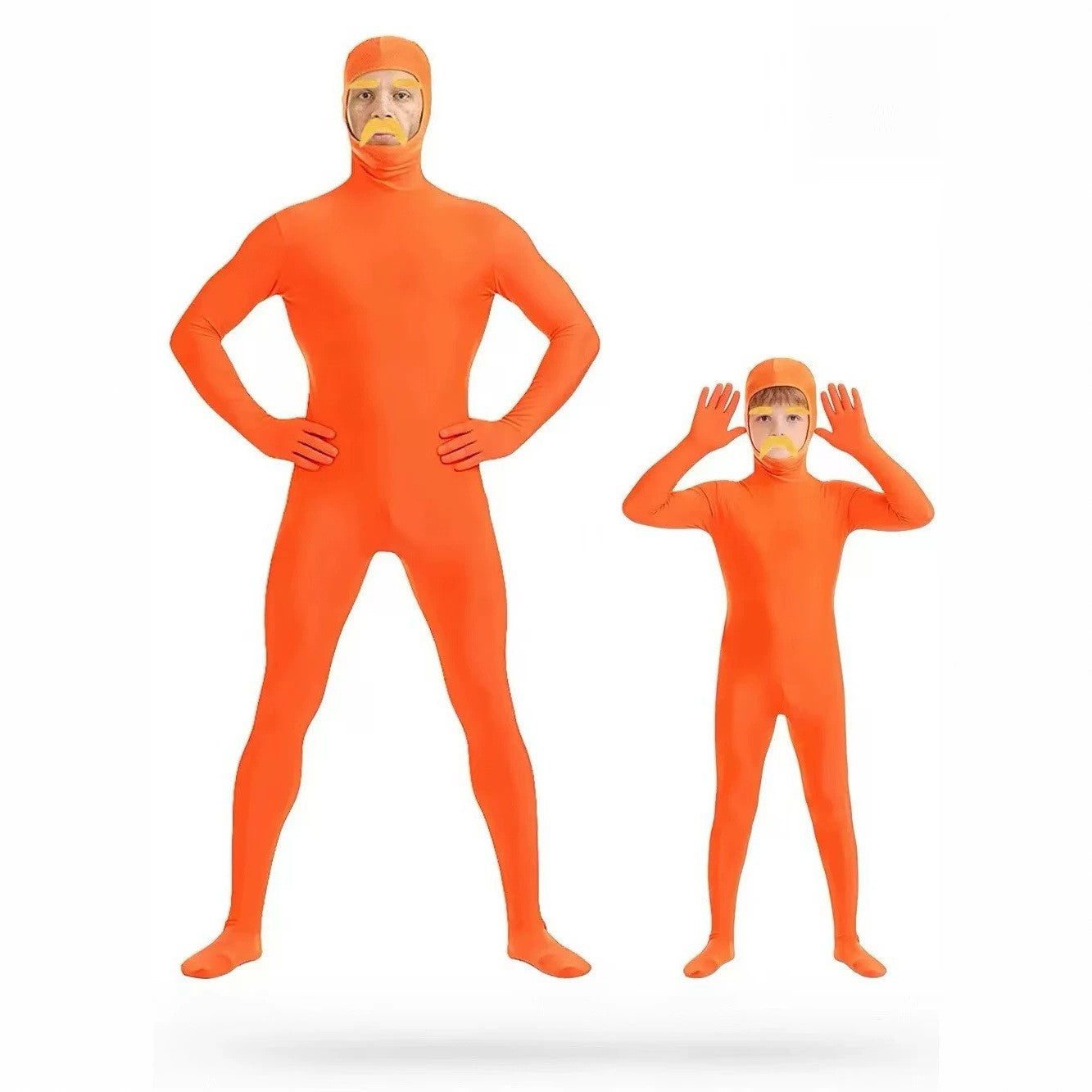 Halloween Orange Zentai Suit Open Face Full Body Bodysuit with Yellow Mustache Eyebrow for Adult Kid Cosplay Party Costume