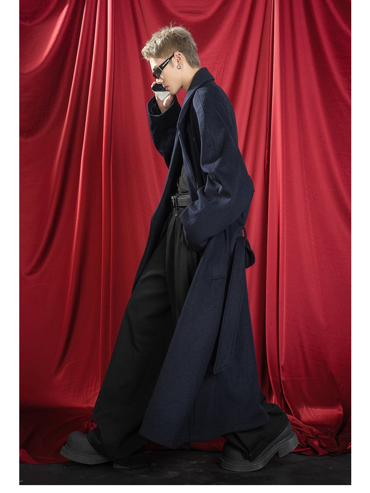 Mauroicardi Autumn Winter Oversized Extra Long Warm Navy Blue Wool Blends Coat Men Loose Luxury Designer Woolen Overcoat 2024