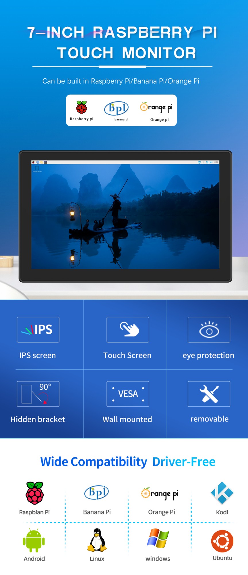 7 inch Touch Screen Monitor for Embeddable Raspberry Pi 4 3 Banana Orange RasPi 1024*600 LCD Display HMDI VESA Fan Cover