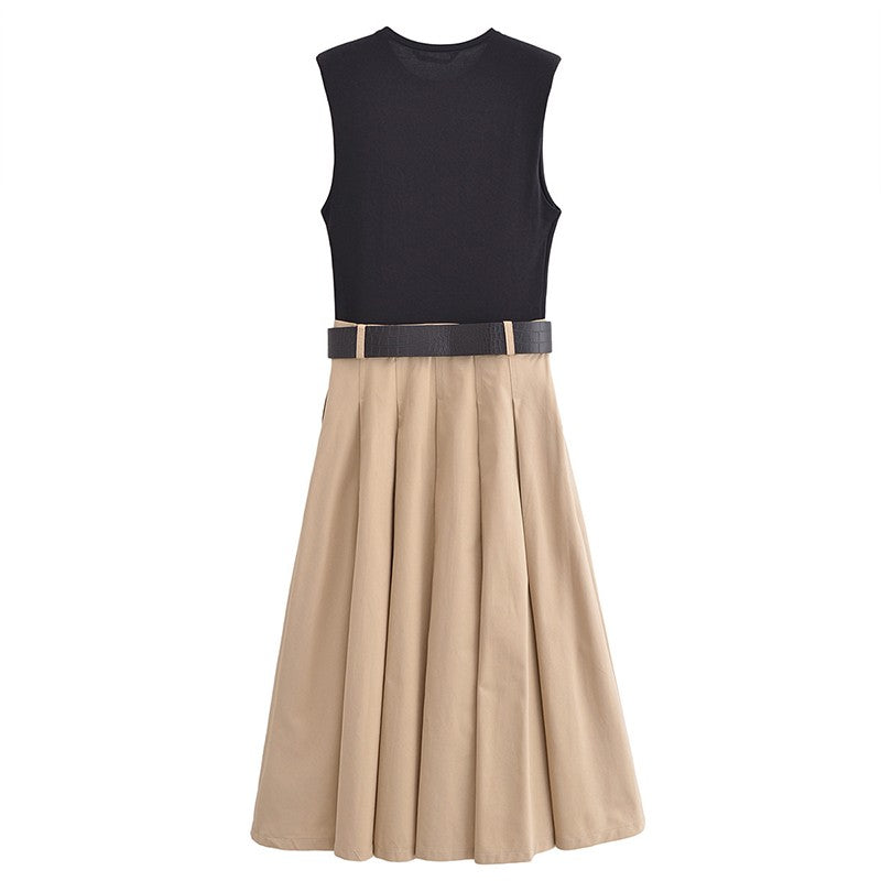 Fashion Patchwork Pleated Long Dress With Belt Women Chic Sleeveless Tank Maxi M