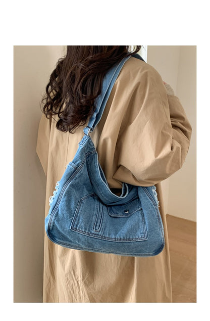 New Denim Shoulder Bag Women Fashion Large Capacity Casual Tote Handle Bag for School Comfortable and Versatile Commute Bag