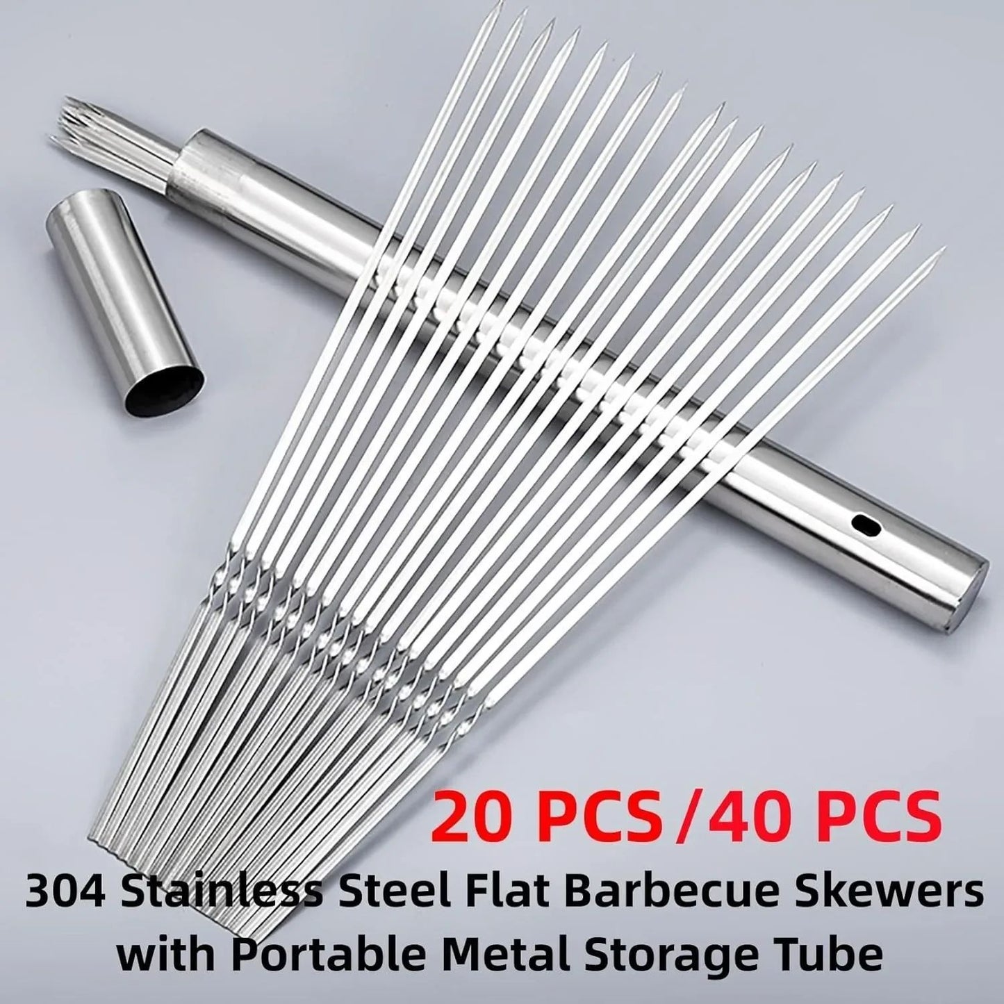 20Pcs Barbecue Skewer with Storage Tube Stainless Steel Reusable Flat BBQ Needle Stick for Outdoor Camping Party BBQ Accessories