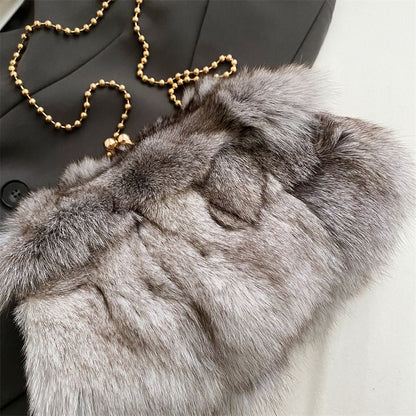MOODS Soft Plush Evening Bags For Elegant Women Fox Fur Dinner Party Clutch Chain Crossbody Winter Warm Luxury Designer Handbags
