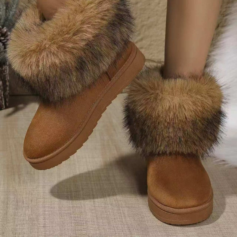 Winter New Round Head Flat with Warm and Comfortable Non-slip Snow Boots Suede Muffin Bottom Short Tube Wool Cotton Boots
