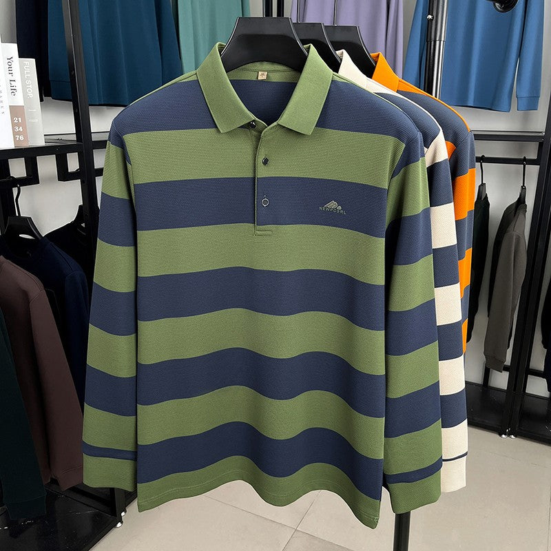 Unique stripe color blocked long sleeve polo shirt men high-end trend brand letters embossed spring autumn new comfort T-shirt