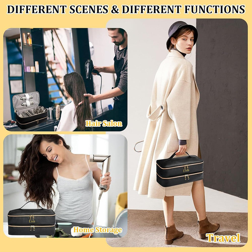 Customized name PU leather double-layer hair dryer storage bag, beauty tool box, hair curler accessories storage box