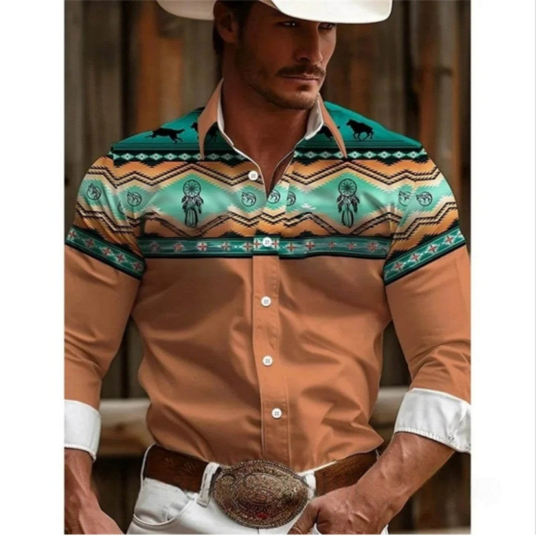 Men's retro western denim shirt, a must-have top for daily shopping, fashionable and casual lapel shirt, soft and comfortable