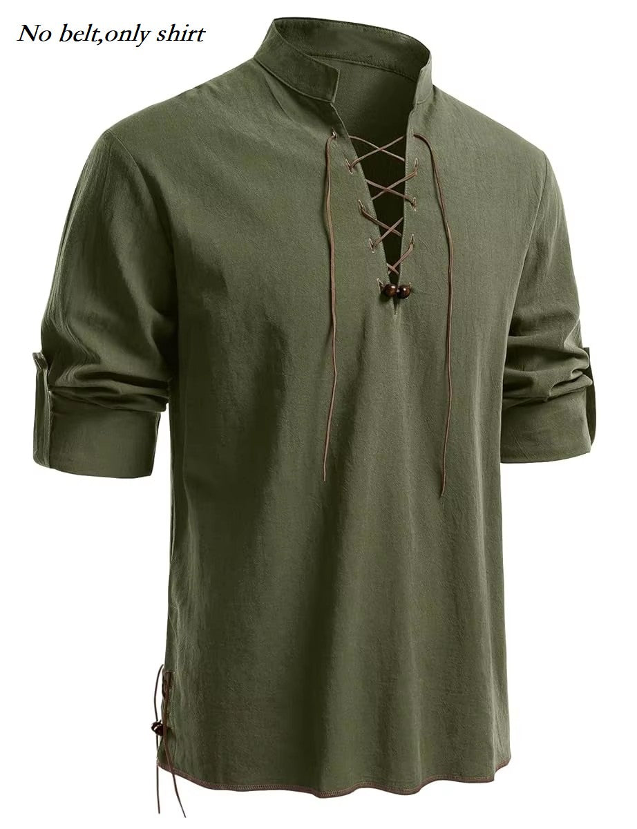 Runcati Mens Medieval Pirate Shirt Cotton Retro Lace Up Renaissance Shirts Viking Long Sleeve Halloween Costume Tops