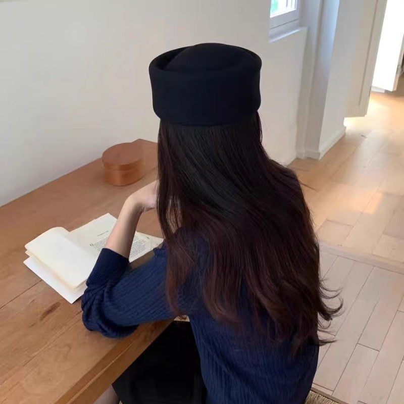Autumn Winter Women Wool Fedoras Hats Elegant French Hard Top Concave Top Felt Berets Hat  Wedding Fascinator Party Pillbox Cap