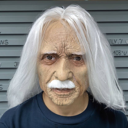 Realistic Old Man Latex Mask with Long White Hair & Mustache – Full Head Cosplay Helmet for Halloween Costume Party Props