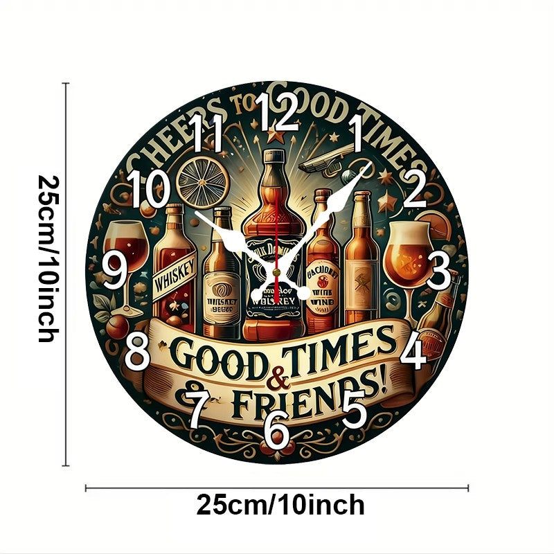 Beer & Whiskey Wooden Round Silent Hanging Wall Clock, Suitable For Living Room, Office, Study Room, Bedroom, Home Decoration