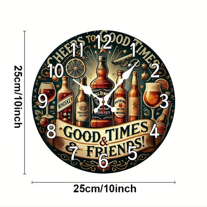Beer & Whiskey Wooden Round Silent Hanging Wall Clock, Suitable For Living Room, Office, Study Room, Bedroom, Home Decoration