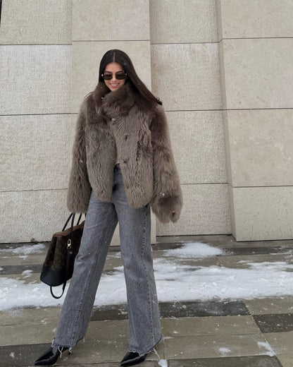 Winter Women Warm Faux Fur Coats Fashion Browns Long Sleeve Stand Collar Short Jackets 2025 Lady High Street Commute Outerwear