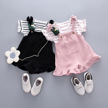 2pcs Cute Toddler Baby Girl T-shirt+Suspender Shorts Outing Clothes New Fashion Bay Sets Suits (No Shoes No Bag)