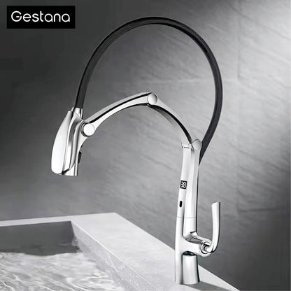 Luxury Gunmetal Brass Kitchen Faucet with LED Display,Sensor&Pull-Out 3-Function Spray,Touchless High Pressure Water-Saving Tap