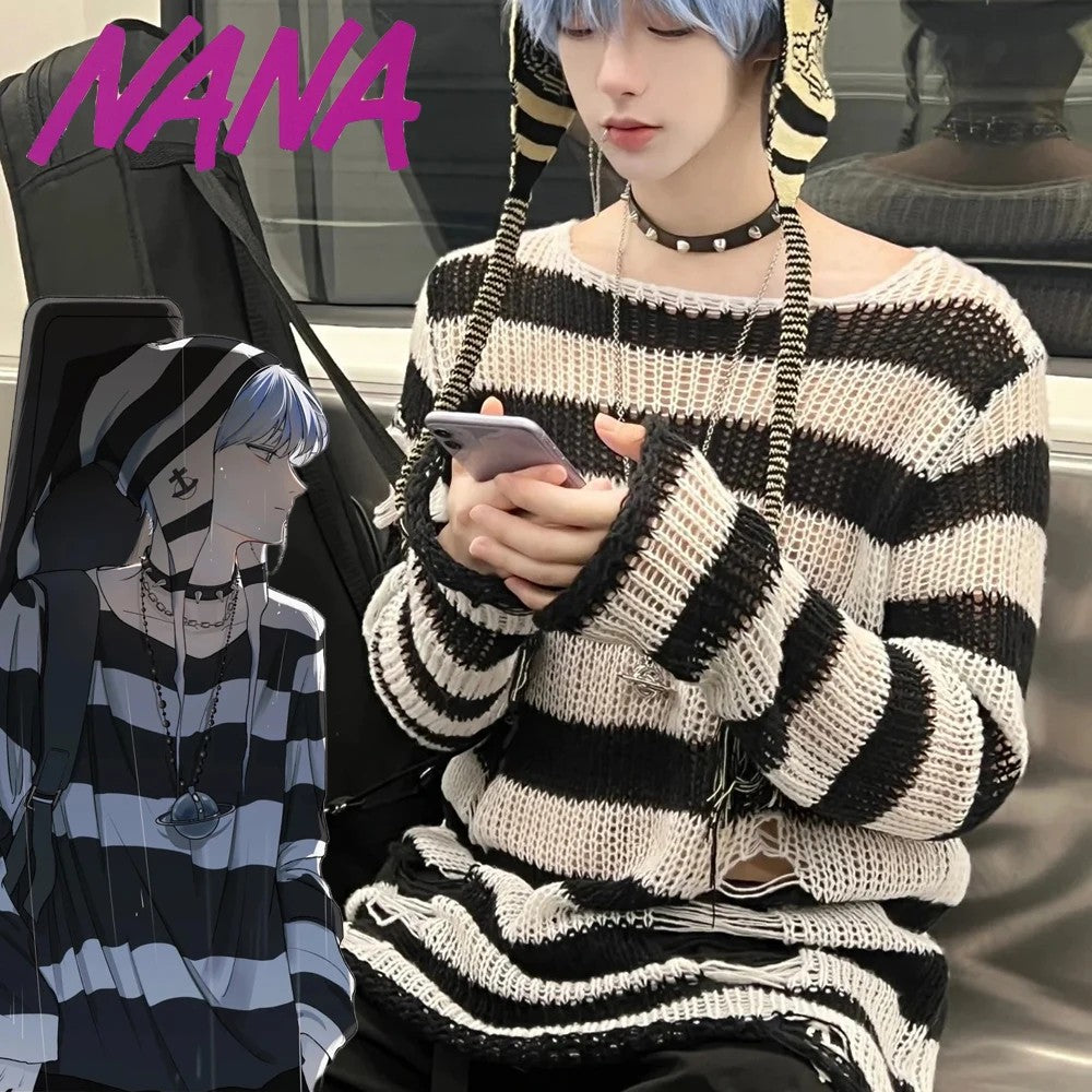 Anime NANA Okazaki Shinichi Cosplay Costume Unisex Stripe Knitted Sweater Autumn Ripped Irregular Sweaters Top Party Clothes