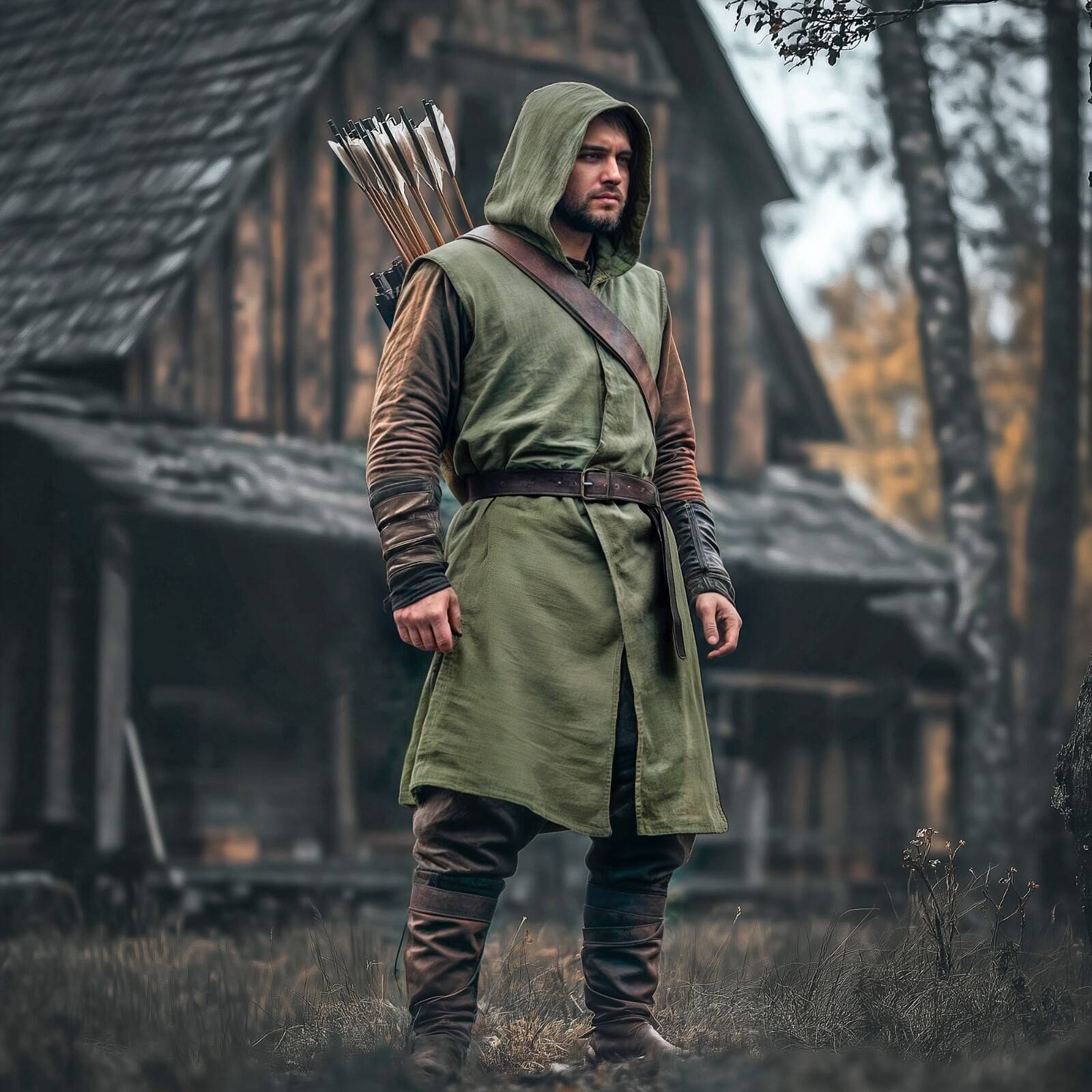 Medieval Mens Surcoat, Linen Hooded Tunic, Renfaire Cape, LARP Ranger Cosplay
