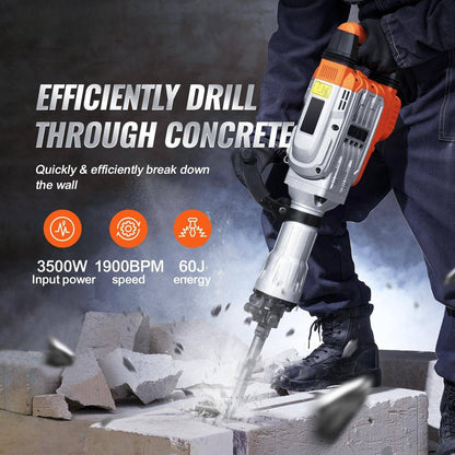 Martelo Demolidor Elétrico Jack Hammer de Demolição SucceBuy 1500W/2200W/3500W, Quebrador de Concreto Pesado, com Cinzel de 2/4 peças