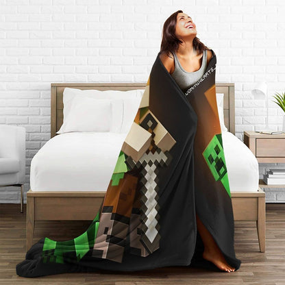 Cartoon Mines Pixel Game Crafts Flannel Blanket Super Warm Throw Blanket for Home Decor Decorative Street Trend Bedspread