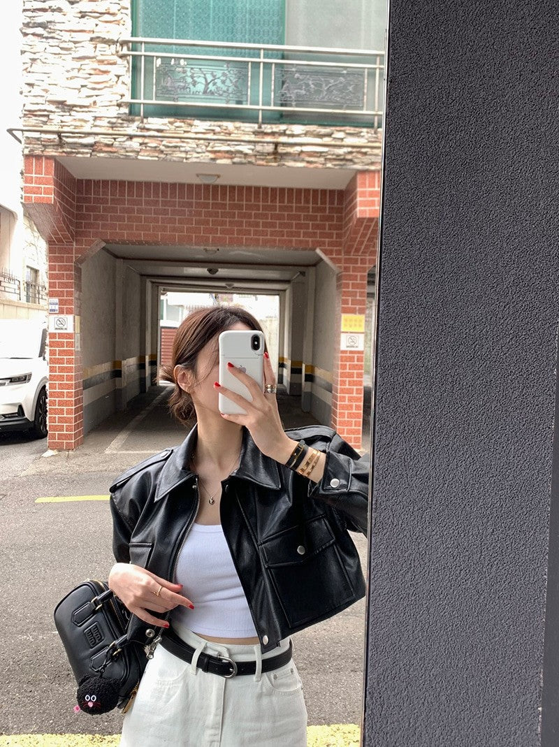 Women's Loose ort PU Leather Jaet Double ket Retro Collar Zipper Versatile Motorcycle Sle Top Trendy Commute Wind