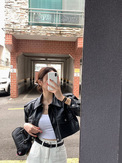 Women's Loose ort PU Leather Jaet Double ket Retro Collar Zipper Versatile Motorcycle Sle Top Trendy Commute Wind