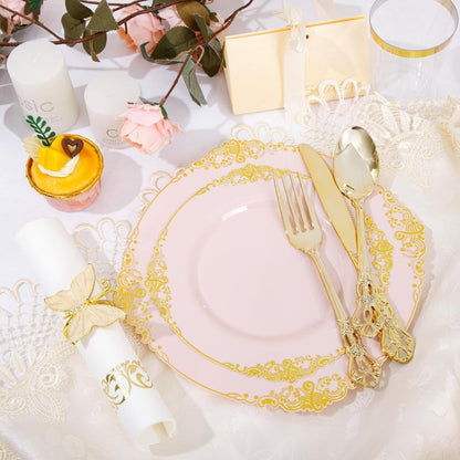 700PCS Pink Plastic Plates Pink and Gold Plates Luxury Pinks Plastic Dinnerware Set Include 200 Pinks Disposable Plates 300 Hea