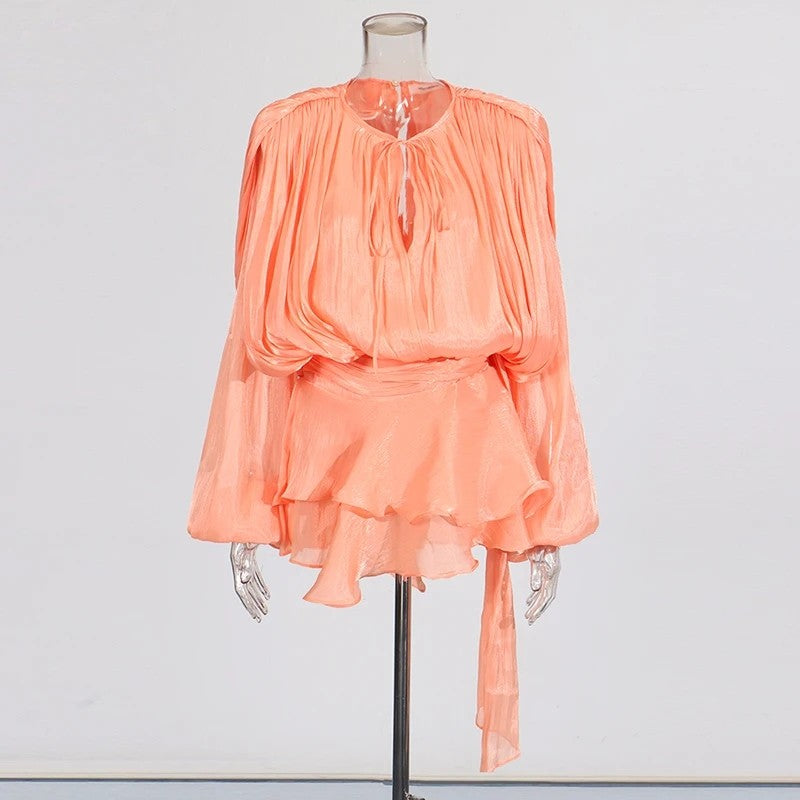 TWOTWINSTYLE Solid Patchwork Lace Up Blouse Mini Dresses For Women V Neck Long S