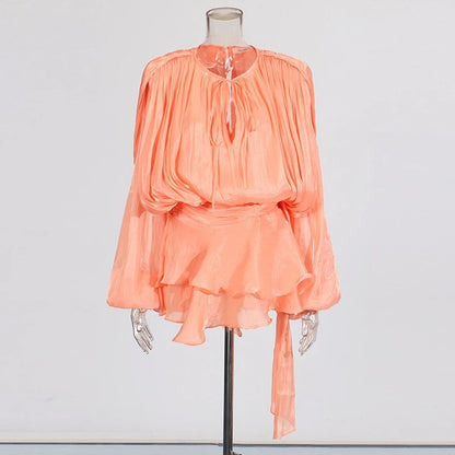 TWOTWINSTYLE Solid Patchwork Lace Up Blouse Mini Dresses For Women V Neck Long S